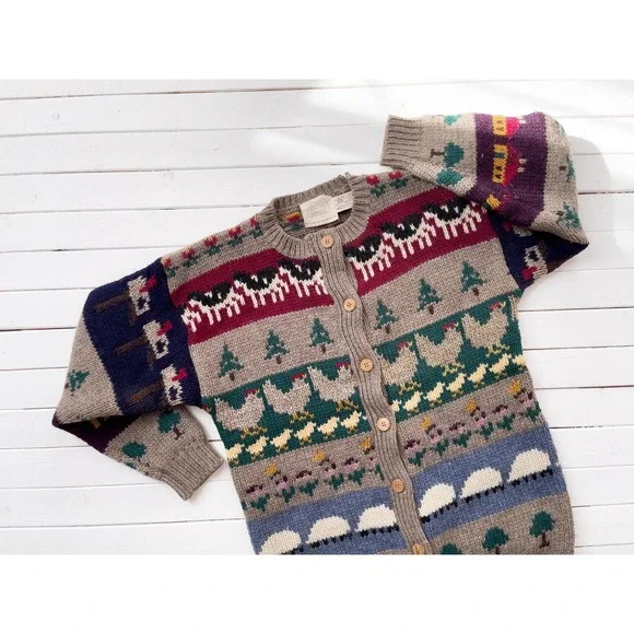 Susan Bristol vtg brown sheep cow chicken farm animal cardigan sweater‎ - Picture 2 of 5